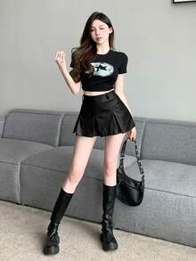 DAZY Women Solid Color Mini Pleated PU Skirt Fall Skirts Leather Skirts - Black - View 7