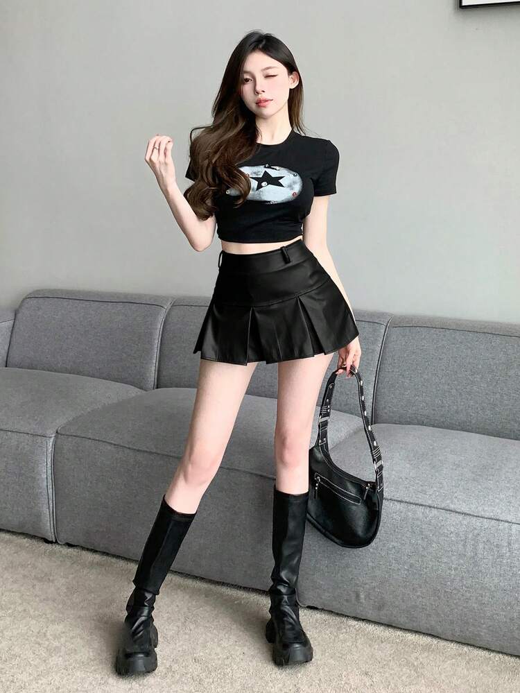 Women's Solid Color High Waist PU Leather Pleated A-Line Skirt