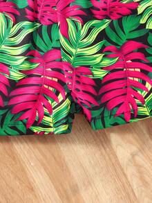 Sparklyn 2pcs Tween Girls Orange Off-Shoulder Crop Top & Tropical Leaf Print Shorts Set, Spring/Summer Holiday - Black - View 8