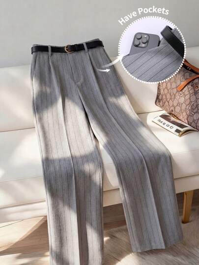 Franclia Plus Size Women's Elegant French Style Casual Suit Pants Striped Wide Leg Pants High Waisted Dress Pants Elegant Pants For Women Grey Stripe Pants Pleated Pants