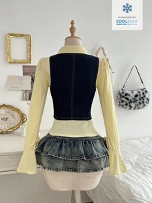 Elamini Áo vest denim không tay ôm sát, cài cúc phía trước, thời trang nữ - Màu xanh lam - Xem 2