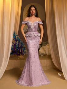 Glamrae 优雅奢华的露肩仿珍珠亮片V领鱼尾裙，适合婚礼、派对、度假、晚宴、正式场合（装饰繁复） - 藕粉色 - 查看 1