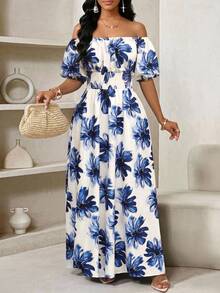 SHEIN Lady 女士优雅印花露肩连衣裙，夏季 - 彩色 - 查看 4