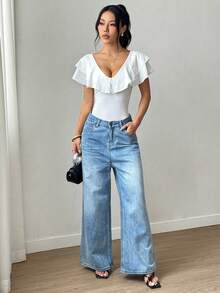 Almamuse Petite Fashionable & Elegant Ruffle Waist Slim Bodysuit - White - View 3