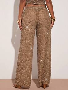 SHEIN BAE Women's Sequin Embellished Loose Wide Leg Pants, Suitable For Summer Vacation - Khaki - View 2