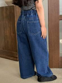 DAZY Quần jeans ống rộng xếp ly phối nhiều mảnh dành cho bé gái, cạp chun co giãn, kiểu dáng thường ngày. - Màu xanh lam - Xem 2