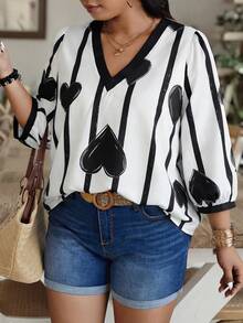 Weeklong Random Striped Heart Print Plus Size Women V-Neck Lantern Sleeve Blouse - Multicolor - View 4