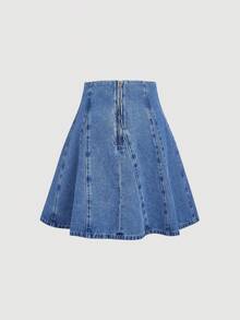 GlowEve Chân váy denim nữ màu trơn tối giản phong cách thường ngày - Màu xanh lam - Xem 2