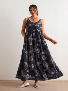 SHEIN VCAY Đầm không tay màu xám họa tiết vintage phong cách Bohemian mùa xuân/hè mới, chân váy dài xòe rộng phối nhiều mảnh vải, kiểu dáng retro phù hợp cho công sở và kỳ nghỉ, ôm dáng đến mắt cá chân. - Màu xám đen - Xem 6