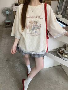 DAZY Women's Loose Slogan & Cartoon Print Round Neck Drop Shoulder T-Shirt - Apricot - View 2