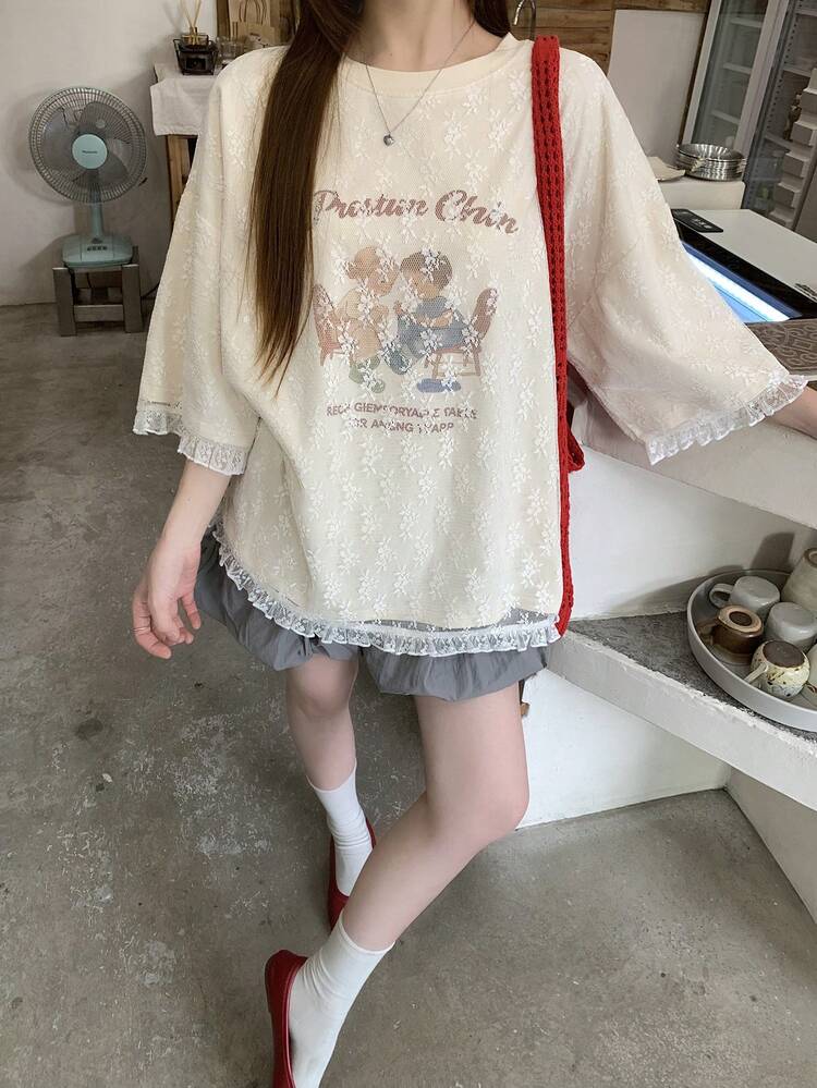 Women's Loose Slogan & Cartoon Print Round Neck Drop Shoulder T-Shirt Graphic Tees Women