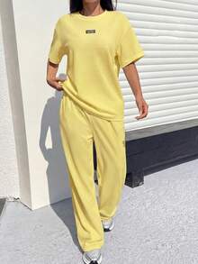 Muchica Mustard Textured Casual Loose T-Shirt And Pants Set For Women - Pale Yellow - View 5