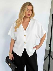 Auralis 大码女式黑色短袖衬衫，夏季开衫短袖衬衫，女士商务休闲衬衫，时尚新款夏季衬衫，可爱上衣，外出上衣，复古风格女士外出上衣 - 白色 - 查看 3