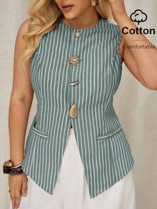 Auralis Plus Size Summer Casual Commuter Striped Front Button Tank Top - Green - View 1