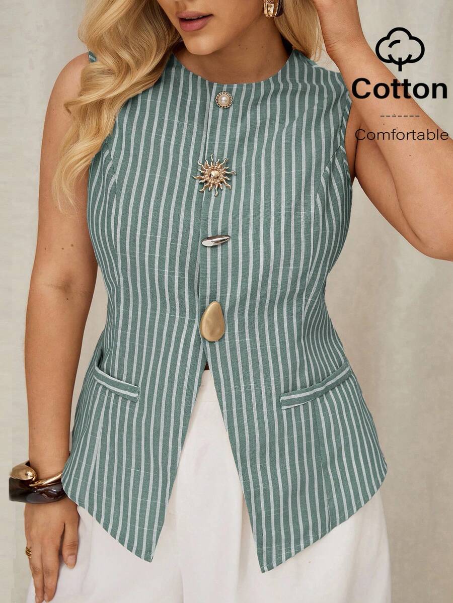 Auralis Plus Size Summer Casual Commuter Striped Front Button Tank Top - Green - View 1