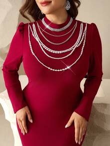 Coutiva Plus Size Women's Stand Collar Faux Pearl Chain Decor Fitted Mermaid Hem Elegant Formal Evening Gown (Embellished) Long Red Dress Burgundy Dress For Women Winter Dresses For Women Dress Modest Red Maternity Dress Valentines Dress Elegant Dress Sequin Dress Pink Red Dress Floral Dress  Graduation Ceremony, School Opening, Music Festival, Birthday Party, Wedding, Afternoon Tea Gathering, Ball - Burgundy - View 4