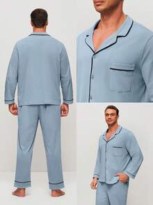 LUVLETTE Plus Size Spring And Summer Soft 100% Pure Cotton Sky Blue Basic Long Button-Up Top & Pants Pajama Sets For Men Lounge Sets For Men Pants With Pockets Pyjama - Blue - View 2