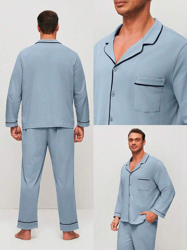 Conjunto de pijama de talla grande para primavera y verano, 100% algodón puro, color azul celeste, con top de botones largos y pantalones, para hombres, conjunto de ropa de estar en casa con pantalones con bolsillos, pijama de algodón