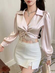 DAZY 女士缎面羽毛设计衬衫，优雅短袖衬衫，长袖上衣 - 香檳色 - 查看 2