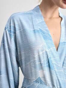 Ocili Leisure Comfortable Minimalist Chain Print Cotton Blend Mid-Sleeve Robe With Tie, Women Sleepwear Robe, Chic Autumn - Blue - View 5