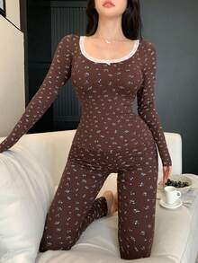 DAZY 2pcs Women Floral Lace Patchwork Slim Fit Long Sleeve Top And Long Pants Pajama Set - Coffee Brown - View 7