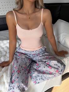 DAZY 女士夏季提花针织吊带背心和宽松碎花睡裤套装 - 粉色 - 查看 6