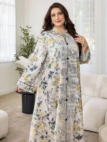 Al Najma Casual Minimalist Allover Print Stand Collar Long Sleeve Loose Regular Dress For Plus Size Women, Spring/Autumn - Multicolor - View 5