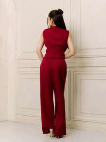 Criza Taa Women's Summer Gold Button Sleeveless Blouse & Draping Wide-Leg Pants Set, Versatile - Burgundy - View 2