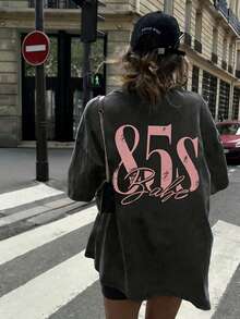 EMERY ROSE Women's Casual 80s Pattern T-Shirt - "85s" Letter Print, Short Sleeve, Round Neck, Summer Style, Four Seasons T-Shirt | Casual Style - Dark Grey - View 2