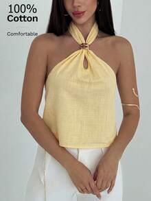 Aloruh Áo tank top cotton tối giản, gợi cảm, hở lưng, buộc dây xoắn, ôm sát dành cho nữ. - Màu vàng - Xem 9