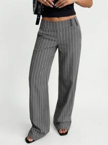 SHEIN SXY 女士条纹腰部纽扣设计直筒休闲裤 - 彩色 - 查看 6