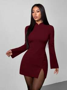 SHEIN PETITE 新款情人节/中国新年服装：复古硬币图案立领修身喇叭袖口优雅红色连衣裙，适合约会和派对穿着 - 酒紅色 - 查看 7