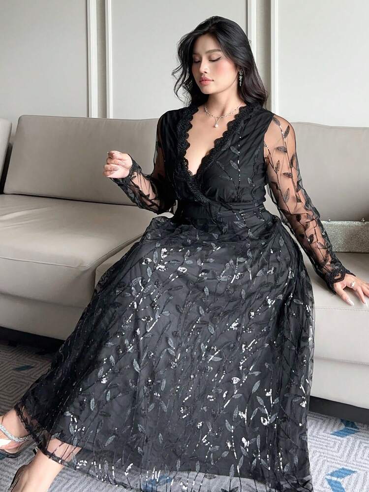 Dazy Plus Plus Size Elegant Solid Color Sequin Embroidery Mesh Dress Maxi Dress Sundress