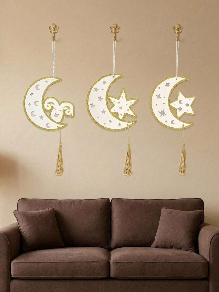 Cirelle Decoración colgante de pared de estrella y luna de madera con diseño calado y adorno de flecos, decoración para fiestas y festividades de Ramadán - Multicolor - Ver 1