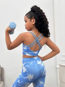 SHEIN 青少年女孩扎染针织交叉后背短款吊带背心和高腰紧身裤运动套装，舒适弹力面料，适合瑜伽、返校 - 藍色 - 查看 3