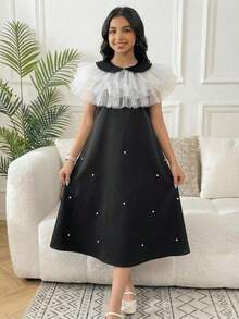 SHEIN Tween Girl Fashionable Elegant Contrast Color Mesh Dress - Black and White - View 1