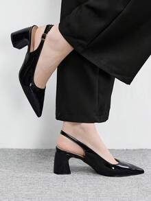 CUCCOO BIZCHIC 1. Patent Leather Pointed Toe Backless Sandals, Chunky Heel Commuter French Elegant Shoes, Glossy Black / 2. Burgundy Pointed Toe Shoes, Retro Chunky Heel Backstrap High Heels - Black - View 3