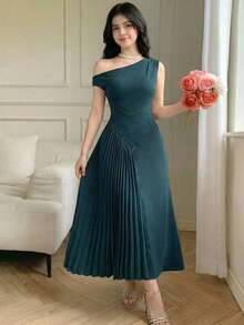 SHEIN 少女春夏橄榄绿不对称领口收腰不对称拼接无袖修身连衣裙/长裙 - 墨綠色 - 查看 5
