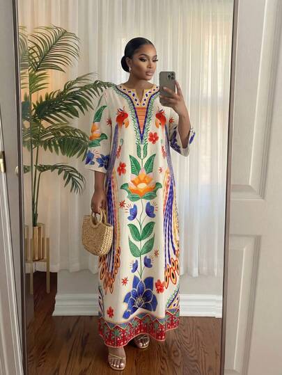 SHEIN Lady CURVE Plus Size V-Neck Loose Fit Vintage Midi Dress  Summer Spring Summer Outfits For Women  Spring Outfit  Kaftans For Women Caftan Dress African Dresses For Women Mexican Style Dress Women Juneteenth Dress Summer Dress Spring Dress  Easter  Easter Dress Women Festival Outfits For Women    Beach  Beach Outfit For Women Beach Dress  Vacation Outfits Women  Vacation   Holiday