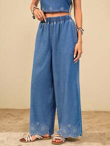 Travachic Women's Floral Embroidered Elastic Waistband Pocket Casual Jeans In Mid-Blue, Summer Valentines Day Spring Break Beach Jeans - Light Wash - View 1