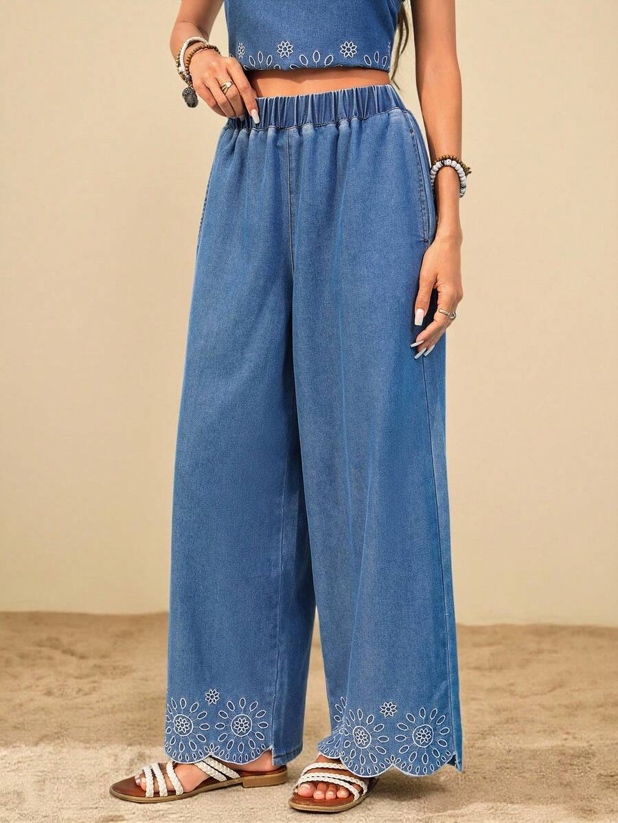 Travachic Women's Floral Embroidered Elastic Waistband Pocket Casual Jeans In Mid-Blue, Summer Valentines Day Spring Break Beach Jeans - Light Wash - View 1