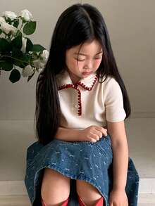 DAZY 女童（小号）翻领短袖T恤，秋季服装 - 杏色 - 查看 2