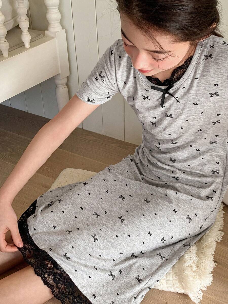 DAZY Tween Girl Contrast Lace Bow Print Short Sleeve Casual Dress - Grey - View 1