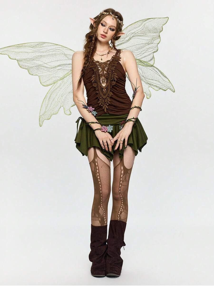 ROMWE Fairycore Áo hai dây ren đính đá kiểu cổ tích khoét sâu cổ chữ V - màu nâu - Xem 1