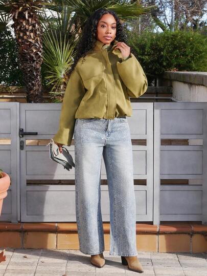 Yess Loren Chaqueta de bombardero de gamuza de lujo para mujer, con ajuste oversize, casual, para otoño e invierno, prenda de moda con hombros caídos y cremallera delantera premium, regalo de Navidad