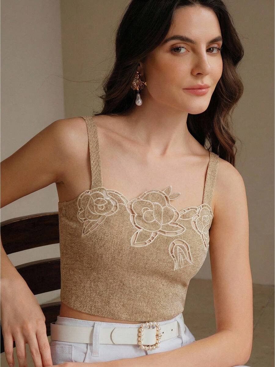 Anewsta 女士优雅百搭通勤镂空刺绣撞色面料短款吊带背心，卡其色 - 卡其色 - 查看 1