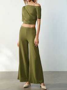 Maija Bộ đồ nữ phong cách thường ngày, thoải mái, thích hợp đi nghỉ mát, gồm áo crop top xếp ly cổ lệch và quần ống rộng, họa tiết hình học, đính đinh tán, thích hợp cho mùa xuân/hè. - xanh quân đội - Xem 2