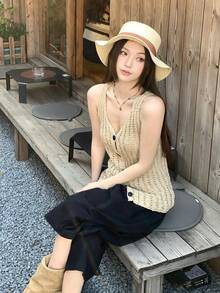 DAZY 女士手工针织吊带宽松度假风V领修身镂空开衫毛衣 - 杏色 - 查看 7