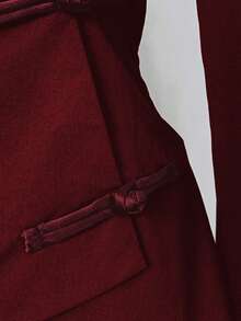 Elamini 黑色亚麻面料开襟立领纽扣不对称下摆长袖外套，女士秋冬复古中式优雅学院风办公设计，百搭日常穿着 - 酒紅色 - 查看 5