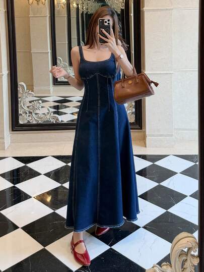 DAZY Vestido de mezclilla vintage lavado con volantes casual para mujer